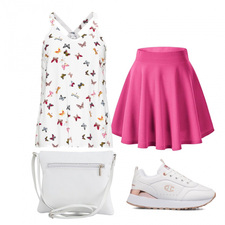 Outfit donna - Giovane tennista. Stile Minimal per Tutti i giorni. Abbinamento con top, sneakers, gonne, borse a tracolla.