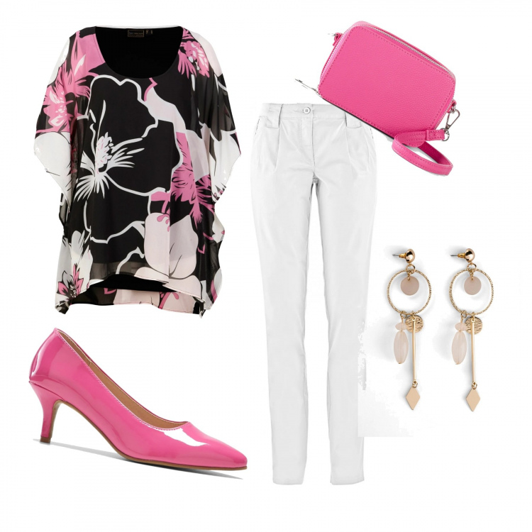 Outfit donna - Rose flower. Stile Romantica per Tutti i giorni. Abbinamento con vestiti a tubino, orecchini, tuniche, pantaloni chino, décolleté.