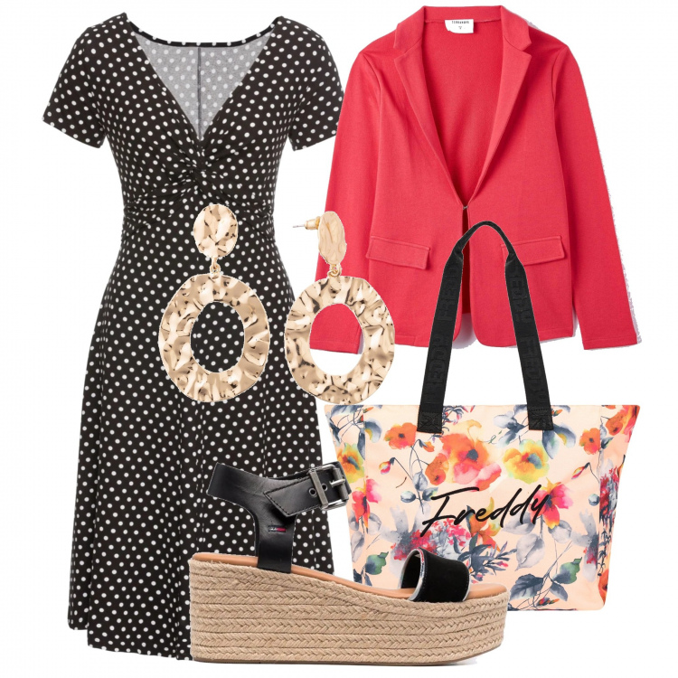 Outfit donna - Shopping di pomeriggio. Stile Bon Ton per Tutti i giorni. Abbinamento con vestiti lunghi, orecchini, blazer, sandali, borse tote.
