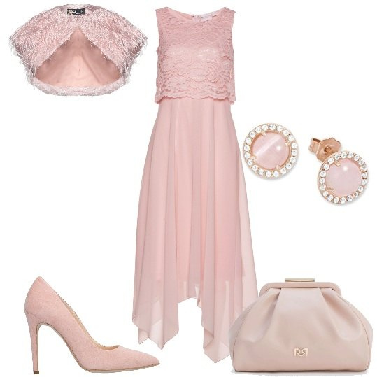 Outfit donna - Vestito total rosa cipria. Stile Chic per Cerimonia. Abbinamento con vestiti midi/longuette, bolero, décolleté, clutch, orecchini.