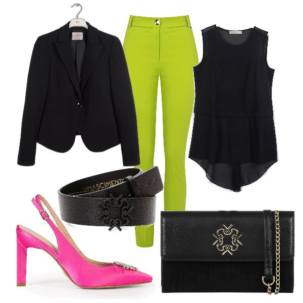 Outfit donna - Cerimonia molto informale serale. Stile Casual chic per Cerimonia. Abbinamento con blazer, pantaloni skinny, top, scarpe col tacco, pochette, cinture.