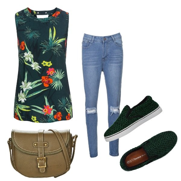 Outfit donna - Basic #11291. Stile Basic per Tutti i giorni. Abbinamento con sneakers tennis, top fantasia verde, borsa a tracolla verde, jeans in denim 80% cotone.