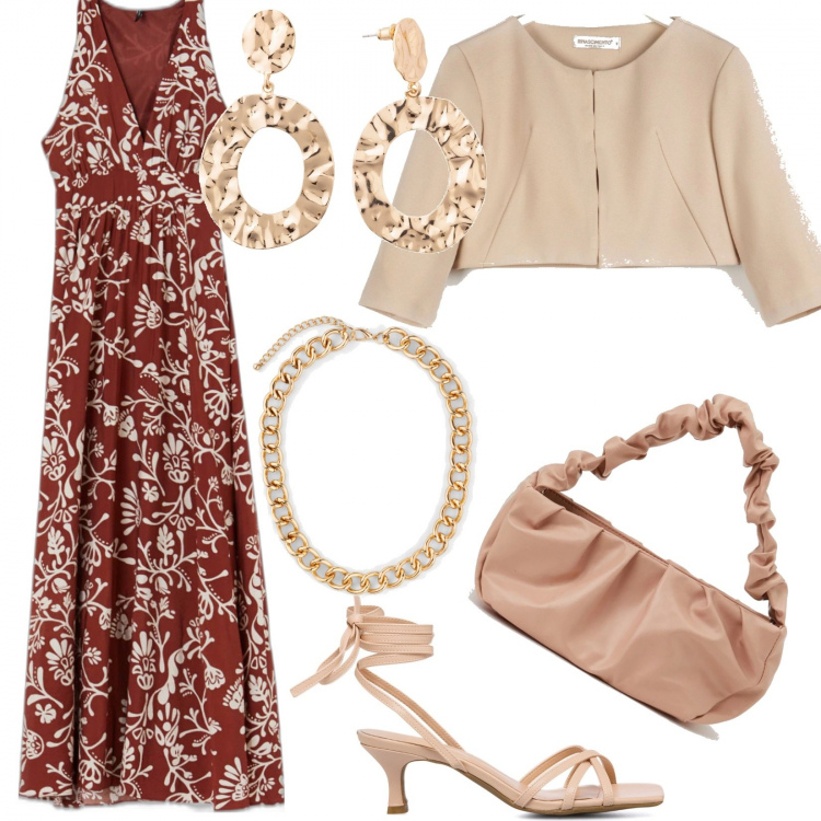 Outfit donna - Una serata estiva. Stile Casual chic per Serata fuori. look ideale per Tall. Abbinamento con orecchini, collane, blazer, vestiti lunghi, borse a mano, sandali in pelle.