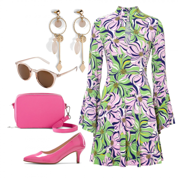 Outfit donna - Flower party. Stile Romantica per Serata fuori. Abbinamento con vestiti a tubino, orecchini, vestiti, décolleté, occhiali da sole.