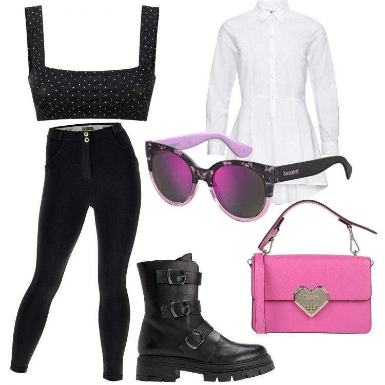 Outfit donna - Il top sulla camicia. Stile Glamour per Tutti i giorni. Abbinamento con camicie, borse a mano, anfibi, pantaloni skinny, occhiali da sole, top.