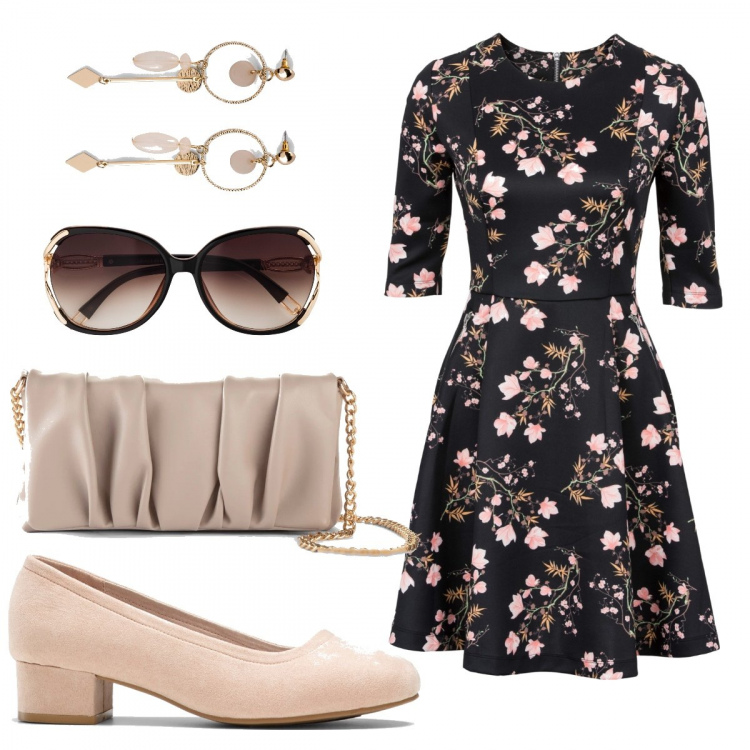 Outfit donna - Rami di ciliegio. Stile Vintage retrò per Cerimonia. Abbinamento con décolleté, occhiali da sole, orecchini, vestiti lunghi, borse a tracolla.
