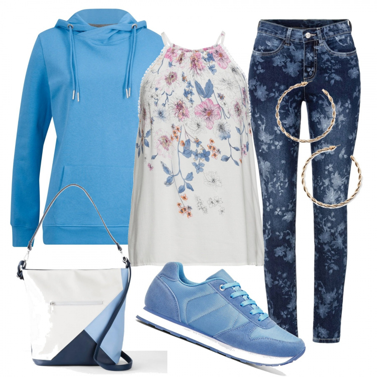 Outfit donna - Azzurro in fiore. Stile Casual per Tutti i giorni. Abbinamento con top, jeans, sneakers, shopping bag, felpe con cappuccio, orecchini.