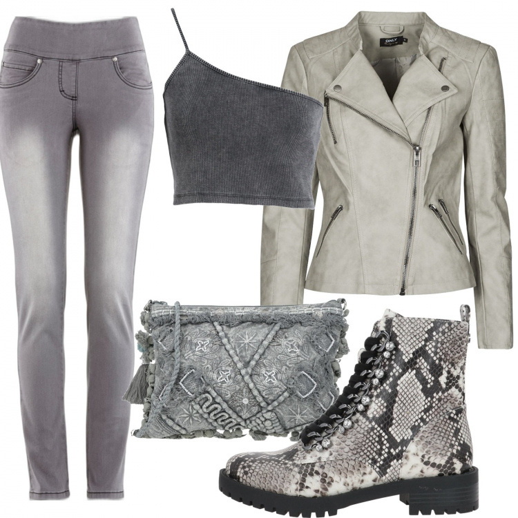 Outfit donna - 50 sfumature di grigio. Stile Rock per Tutti i giorni. Abbinamento con jeans slim fit, stivaletti, borse a tracolla, top, giacche.