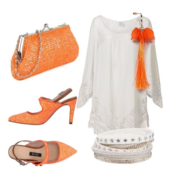 Outfit donna - Fashion low cost. Stile Trendy per Serata fuori. Abbinamento con vestiti da spiaggia, bracciale bianco, décolleté glitter a punta tinta unita, clutch farfalla arancione, orecchini pendenti farfalla con nappine.