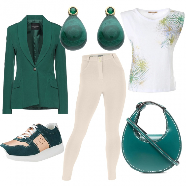 Outfit donna - Total look #1323470. Stile Casual chic per Scuola/Università. Abbinamento con blazer, orecchini, borse tote, pantaloni skinny, t-shirt, sneakers.