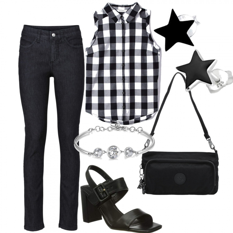 Outfit donna - Con le amiche. Stile Casual per Tutti i giorni. Abbinamento con jeans skinny, borse a mano, camicie, braccialetti, sandali col tacco, orecchini.