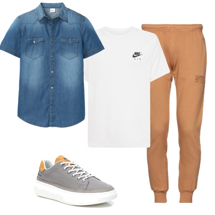 Outfit uomo - Passeggiata. Stile Casual per Tutti i giorni. Abbinamento con pantaloni capri, camicie a manica corta, t-shirt, sneakers.