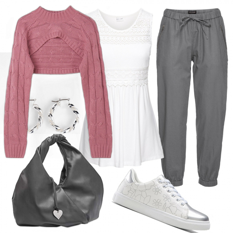 Outfit donna - Grigio chiaro glam. Stile Glamour per Scuola/Università. Abbinamento con pantaloni, orecchini, top, sneakers, bolero, borse tote.