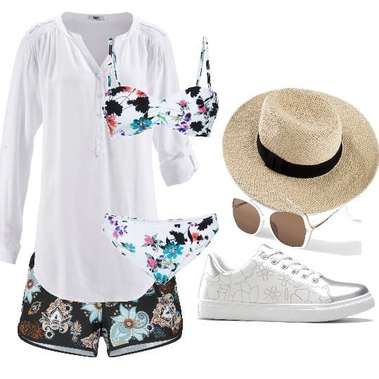 Outfit donna - Flower Party in Spiaggia. Stile Sporty chic per Mare. Abbinamento con tuniche, pantaloni corti, sneakers, bikini, occhiali da sole, cappelli.