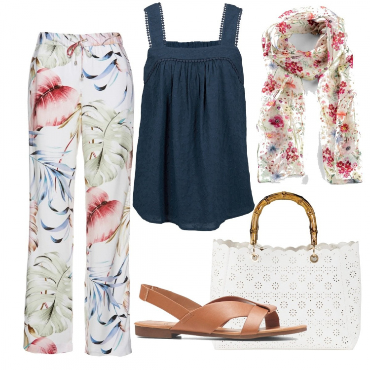 Outfit donna - Mix di fiori. Stile Basic per Tutti i giorni. Abbinamento con sandali, foulard, pantaloni, top, borse a mano.