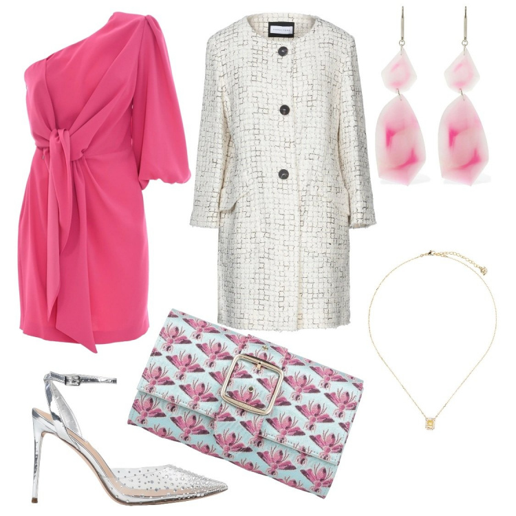 Outfit donna - Serata dedicata. Stile Glamour per Cerimonia. Abbinamento con décolleté, borse a mano, cappotti, collane, vestiti asimmetrici, orecchini.