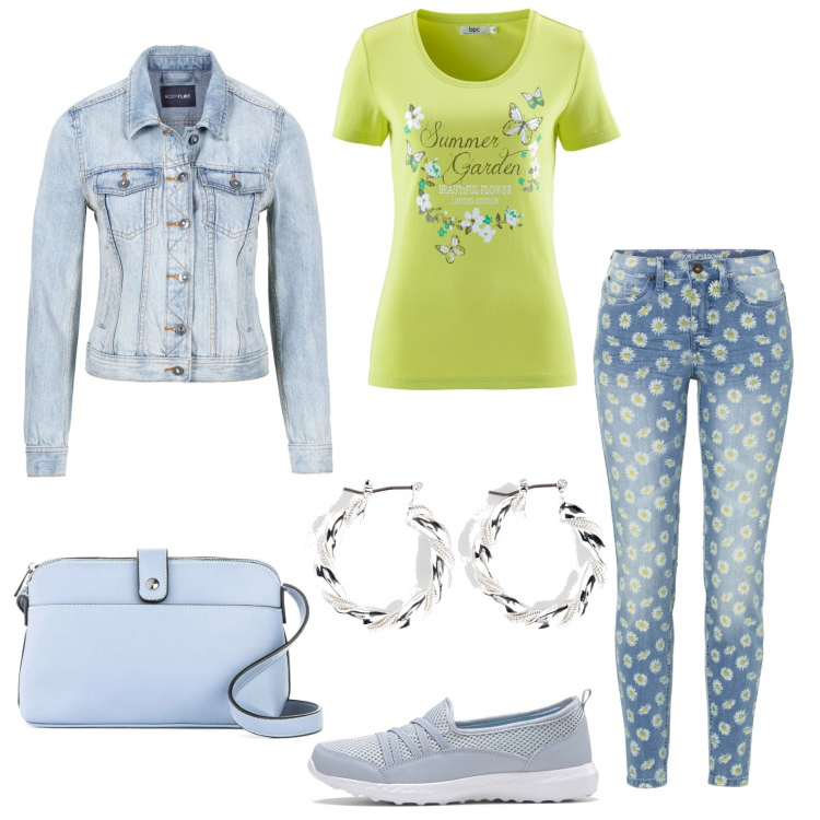 Outfit donna - Basic #4036. Stile Basic per Tutti i giorni. Abbinamento con sneakers, t-shirt, orecchini, jeans skinny, borse a tracolla, giacche sportive.