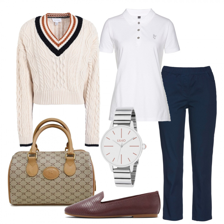 Outfit donna - Preppy in ufficio. Stile Preppy per Ufficio. Abbinamento con polo, pantaloni, pullovers, orologi, ballerine, zaini.