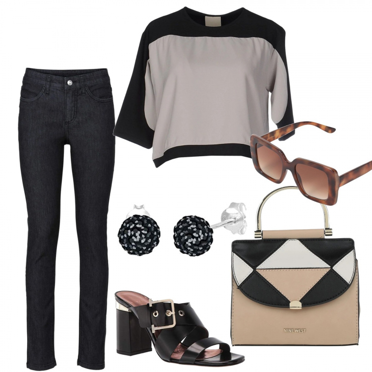 Outfit donna - In ufficio. Stile Casual chic per Ufficio. Abbinamento con jeans skinny, bluse, borse a mano, occhiali da sole, sandali col tacco, orecchini.