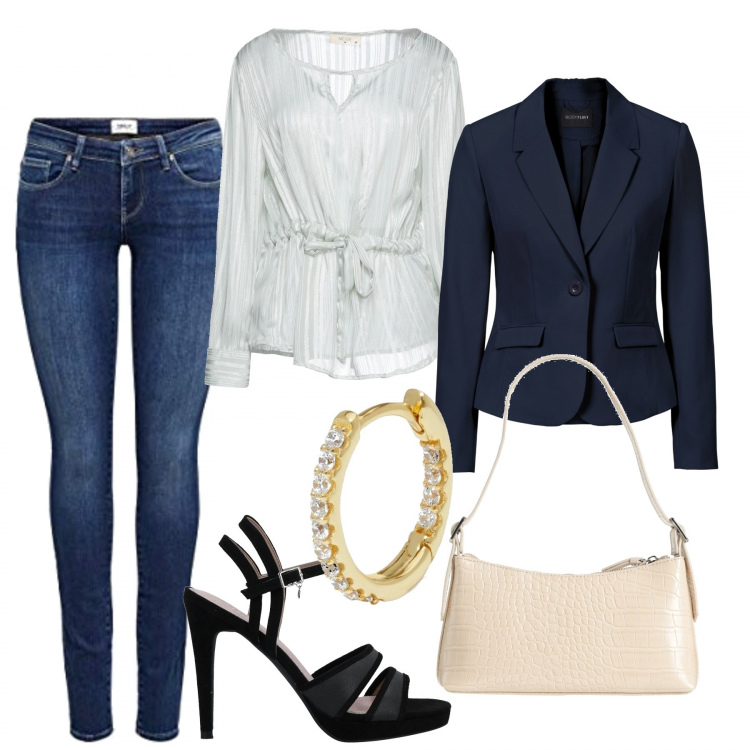 Outfit donna - In ufficio. Stile Casual chic per Ufficio. Abbinamento con blazer, bluse, sandali col tacco, borse a mano, orecchini, pantaloni skinny.