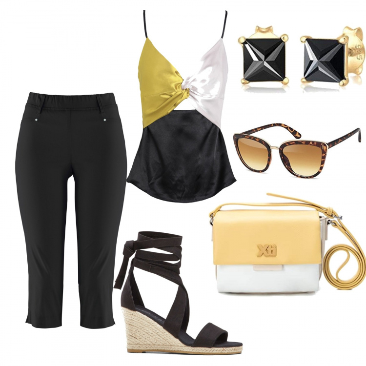 Outfit donna - Total look #1323843. Stile Casual chic per Tutti i giorni. Abbinamento con pantaloni, sandali, top, borse a tracolla, orecchini, occhiali da sole.