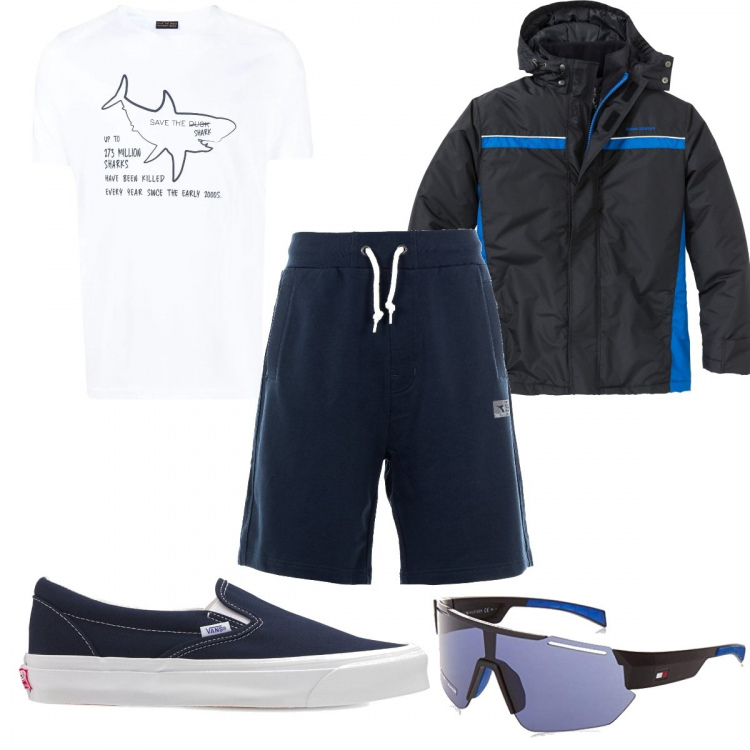 Outfit uomo - Occhiali sportivi blu. Stile Trendy per Tutti i giorni. Abbinamento con giacche, shorts, t-shirt, sneakers, occhiali da sole.
