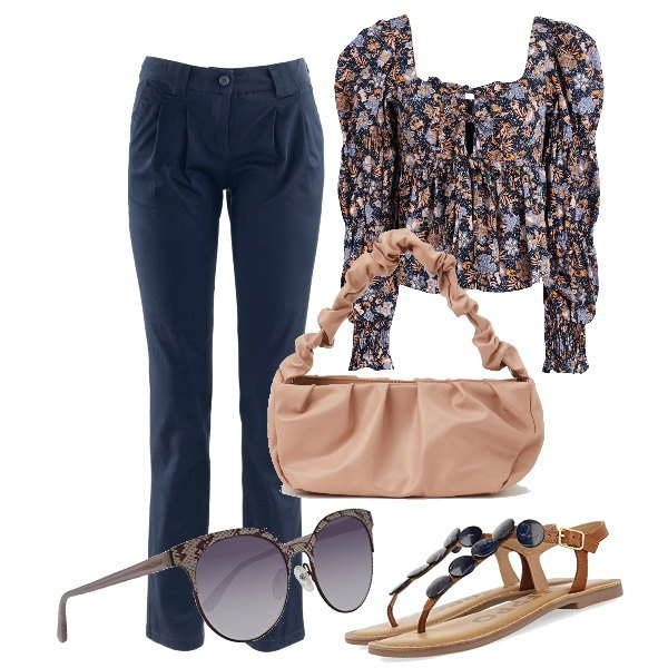 Outfit donna - La blusa romantica. Stile Romantica per Tutti i giorni. Abbinamento con pantaloni chino, bluse, borse a mano, sandali, occhiali da sole.