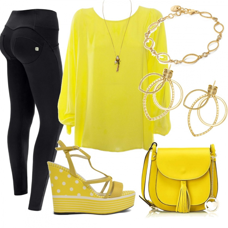 Outfit donna - Total look #1324098. Stile Casual per Tutti i giorni. Abbinamento con décolleté, bluse, orecchini, braccialetti, pantaloni skinny, borse a spalla.