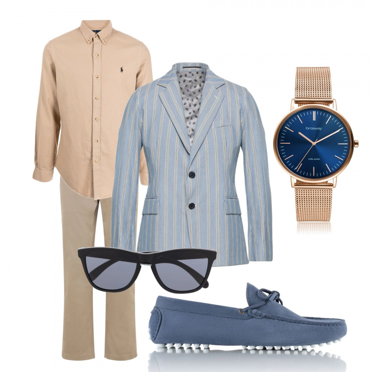 Outfit uomo - Celeste e beige. Stile Business/Elegante per Ufficio. Abbinamento con orologi, camicie, occhiali da sole, scarpe stringate, giacche, pantaloni chino.
