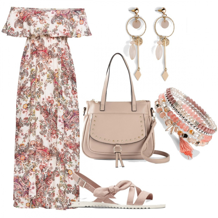 Outfit donna - Casual #7681. Stile Casual per Serata fuori. Abbinamento con vestiti lunghi, orecchini, sandali, braccialetti, borse a mano.