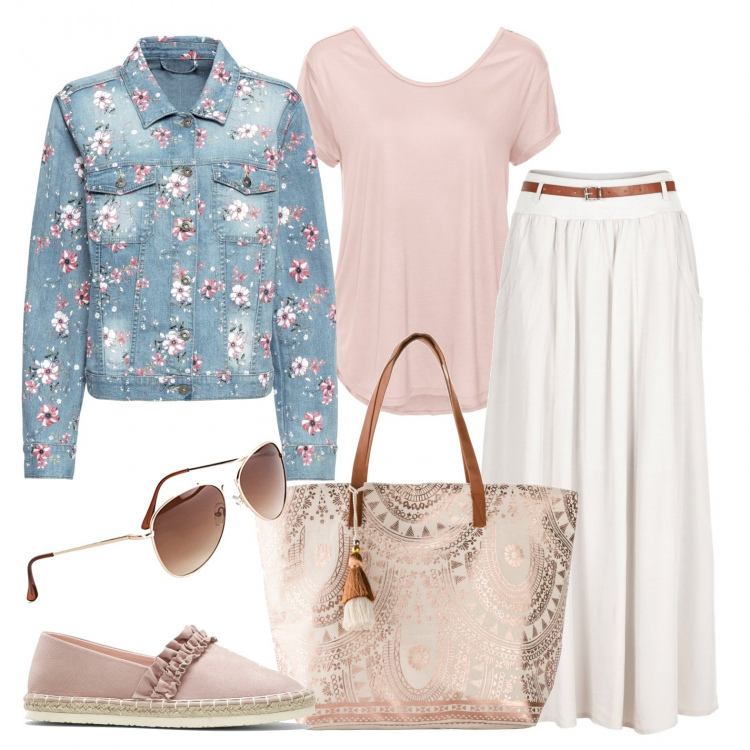 Outfit donna - Il giubbino di jeans è un prato in fiore. Stile Boho per Tutti i giorni. Abbinamento con gonne lunghe, occhiali da sole, giacche, shopping bag, maglieria, espadrillas.