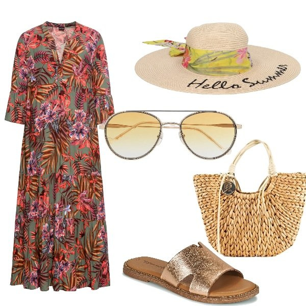 Outfit donna - Sognando l\'estate. Stile Romantica per Mare. Abbinamento con vestiti lunghi, cappelli, ciabatte, occhiali da sole, borse a mano.