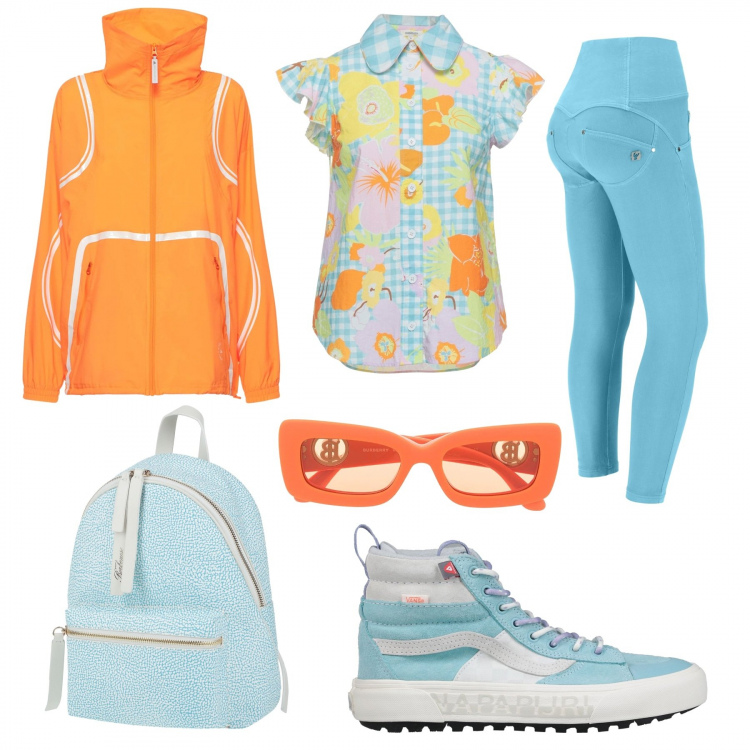 Outfit donna - Due colori moda. Stile Sporty chic per Tutti i giorni. Abbinamento con zaini, sneakers, camicie a manica corta, occhiali da sole, pantaloni skinny, giacche.