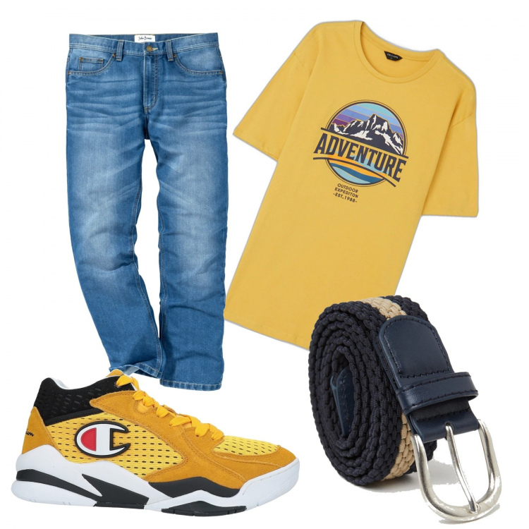 Outfit uomo - Adventure. Stile Casual per Tutti i giorni. Abbinamento con jeans dritti, sneakers, cinture, t-shirt.