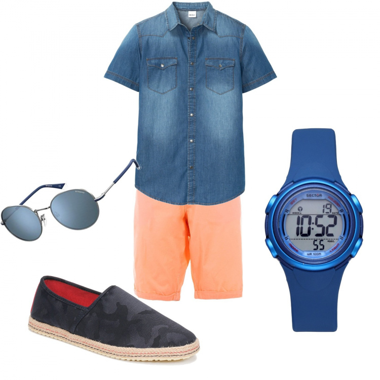 Outfit uomo - Il Bermuda pesca. Stile Casual per Tutti i giorni. Abbinamento con orologi digitali, camicie a manica corta, espadrillas, bermuda, occhiali da sole.