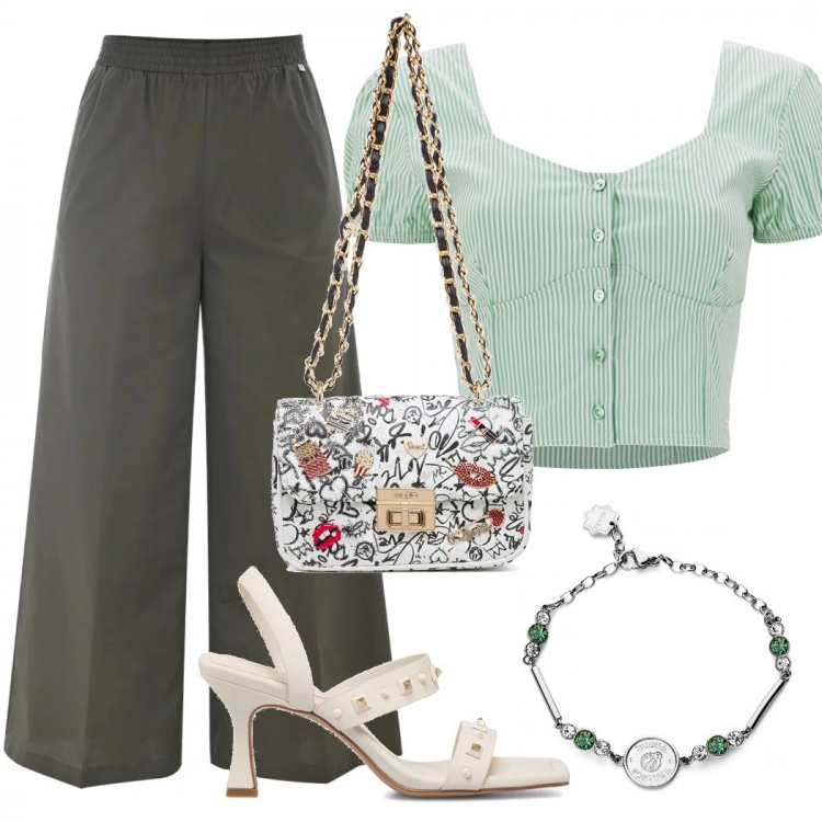Outfit donna - Mamma green. Stile Casual chic Abbinamento con braccialetti, top, pantaloni a palazzo, borse a tracolla, sandali col tacco.