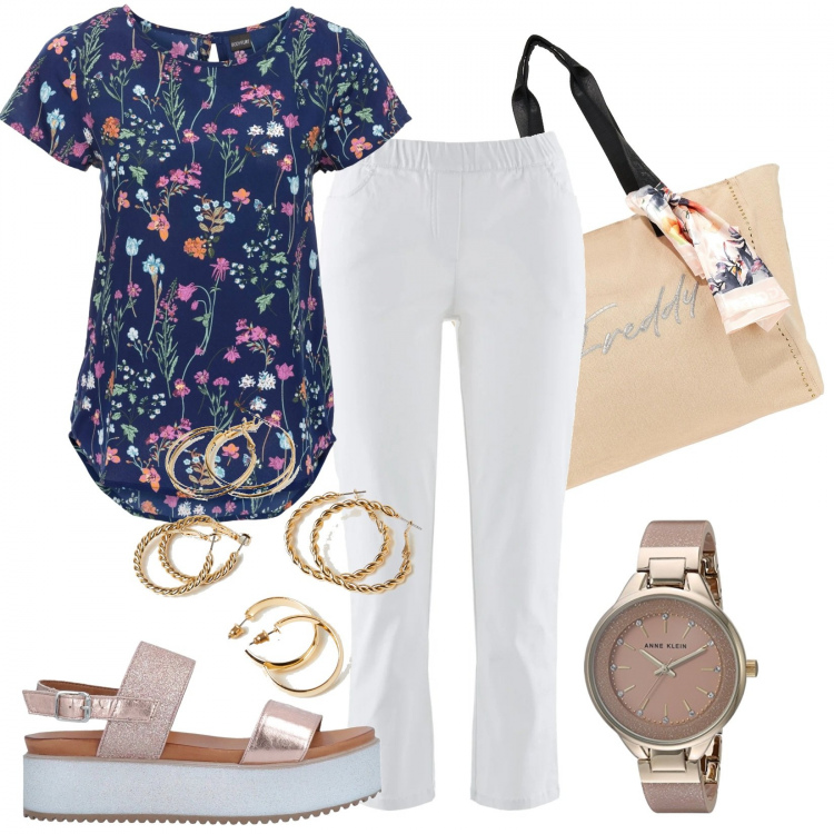 Outfit donna - Spesa sotto casa. Stile Casual per Tutti i giorni. look ideale per Petite. Abbinamento con pantaloni, bluse, sandali in pelle, orecchini, borse tote, orologi analogici.
