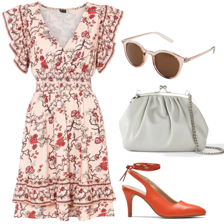 Outfit donna - Flower Power. Stile Bon Ton per Ufficio. Abbinamento con occhiali da sole, vestiti, décolleté, pochette.