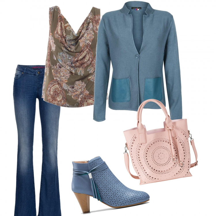 Outfit donna - Mezza stagione. Stile Casual per Tutti i giorni. Abbinamento con jeans bootcut, borse a mano, stivaletti, cardigans, top.