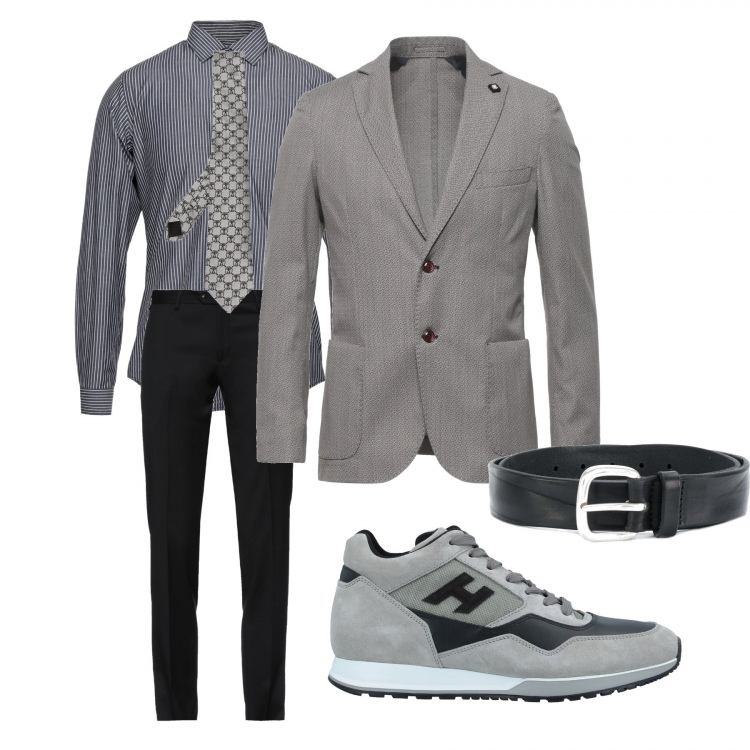 Outfit uomo - Passaggio in autostrada. Stile Business/Elegante per Ufficio. Abbinamento con cinture, cravatte, sneakers, pantaloni, camicie, giacche.