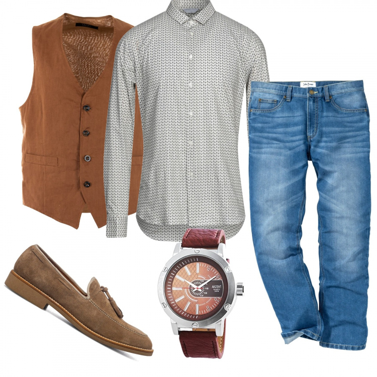 Outfit uomo - Colazione con colleghi. Stile Trendy per Ufficio. Abbinamento con jeans dritti, camicie, piumini, scarpe stringate, orologi.