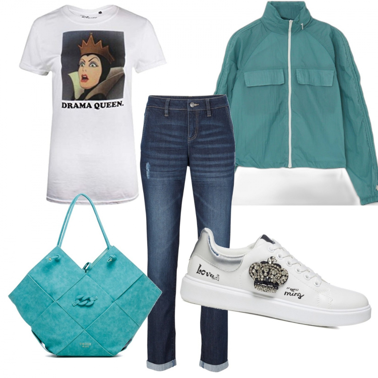 Outfit donna - Drama Queen in sneakers bianche. Stile Basic per Tutti i giorni. Abbinamento con jeans boyfriend, giacche, sneakers, borse a spalla, t-shirt.