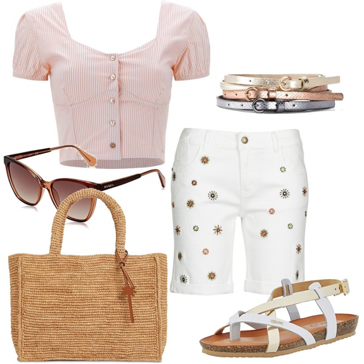 Outfit donna - Aperitivo in piscina. Stile Casual chic per Mare. Abbinamento con cinture, shorts, top, infradito, shopping bag, occhiali da sole.