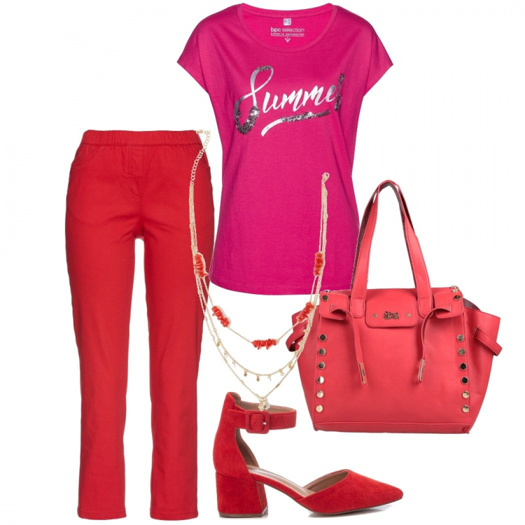 Outfit donna - Casual #7790. Stile Casual per Tutti i giorni. Abbinamento con pantaloni, maglieria, borse a mano, sandali in pelle, collane.