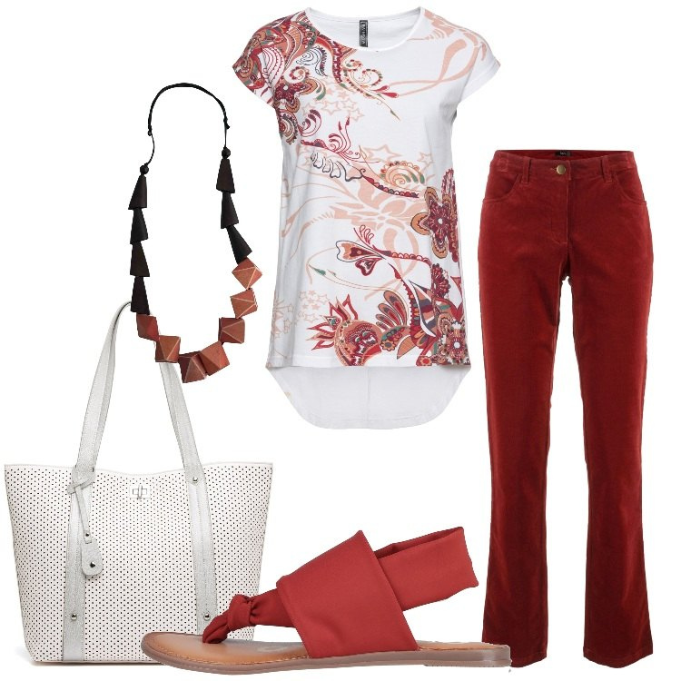 Outfit donna - Primo maggio. Stile Casual per Tutti i giorni. Abbinamento con pantaloni, maglieria, infradito, collane, borse a spalla.