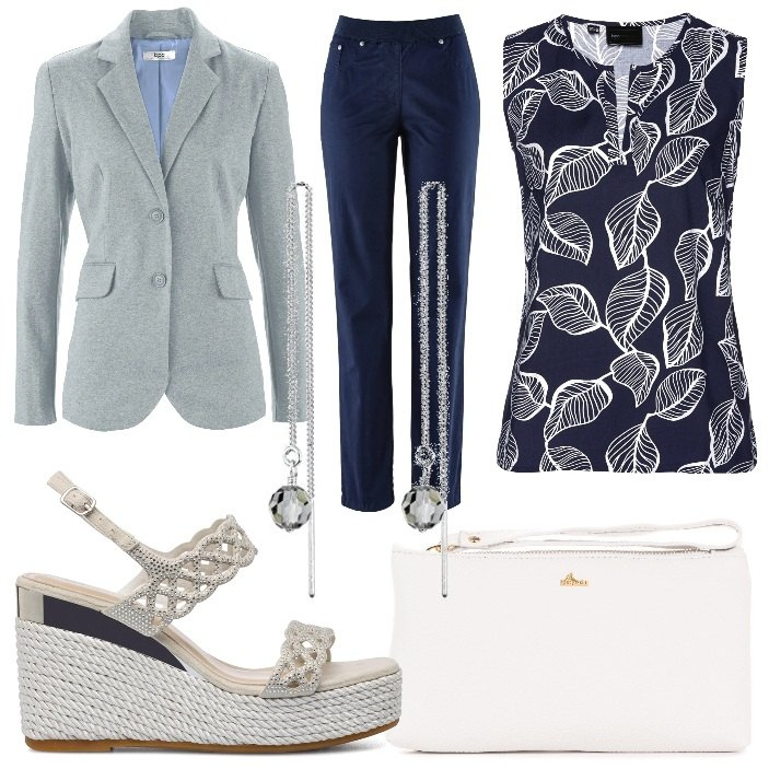 Outfit donna - Pittarosso SS22 cerimonia. Stile Chic per Cerimonia. Abbinamento con pantaloni sportivi, top, blazer, borse a mano, sandali gioiello, orecchini.