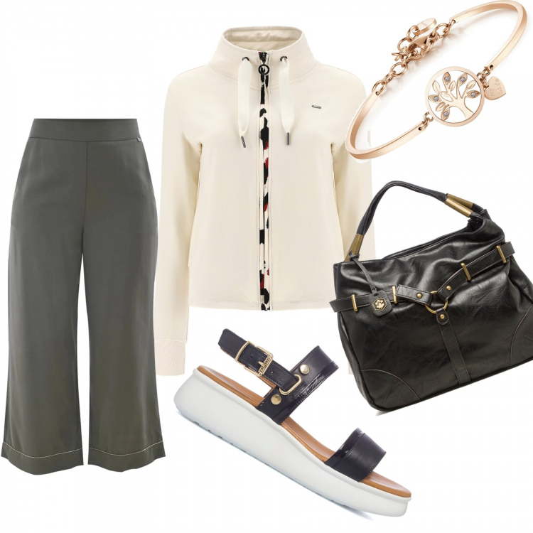 Outfit donna - Festa della mamma. Stile Casual per Tutti i giorni. Abbinamento con braccialetti, felpe, pantaloni a palazzo, sandali in pelle, borse a spalla.