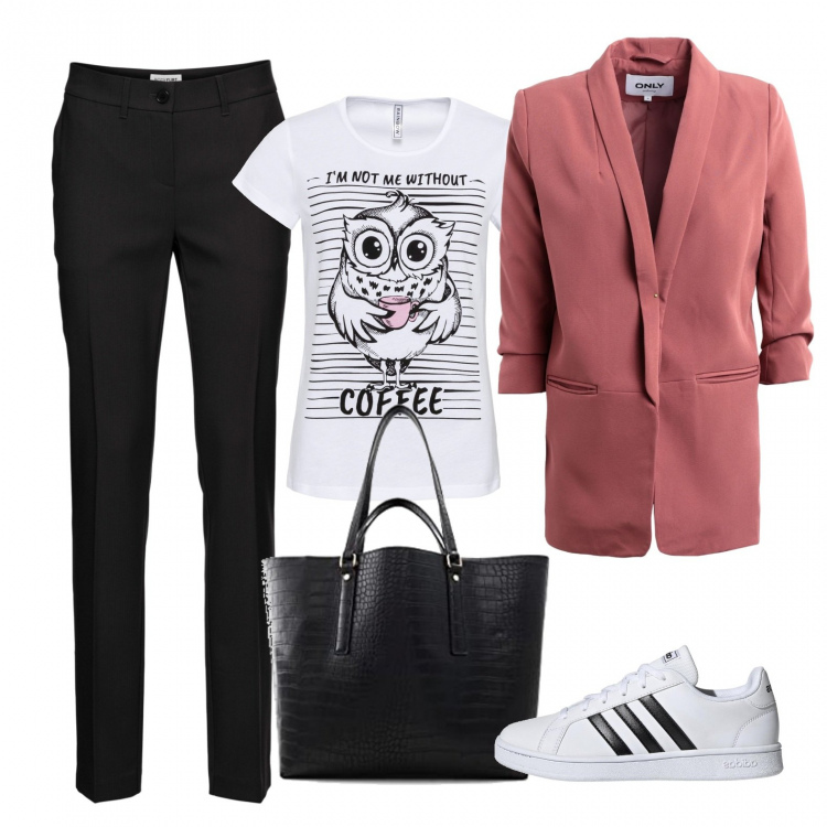 Outfit donna - Friday casual (vegan ok). Stile Casual per Ufficio. Abbinamento con pantaloni, t-shirt sportive, blazer, sneakers, borse tote.