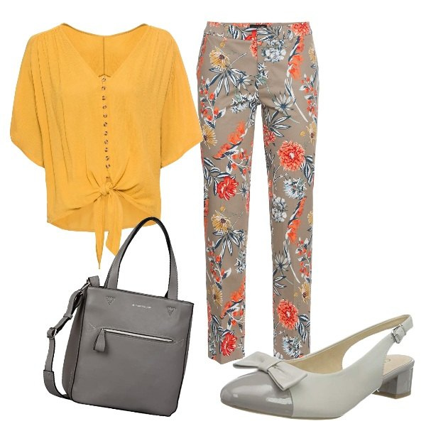 Outfit donna - Grigio chiaro e giallo brillante. Stile Casual chic per Ufficio. Abbinamento con pantaloni, camicie a manica corta, scarpe col tacco, borse tote.
