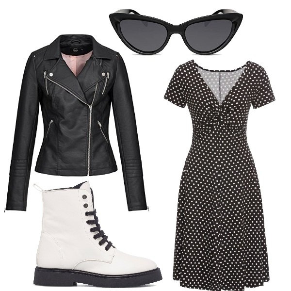 Outfit donna - Grease. Stile Rock per Tutti i giorni. Abbinamento con vestiti lunghi, anfibi, giacche, occhiali da sole.